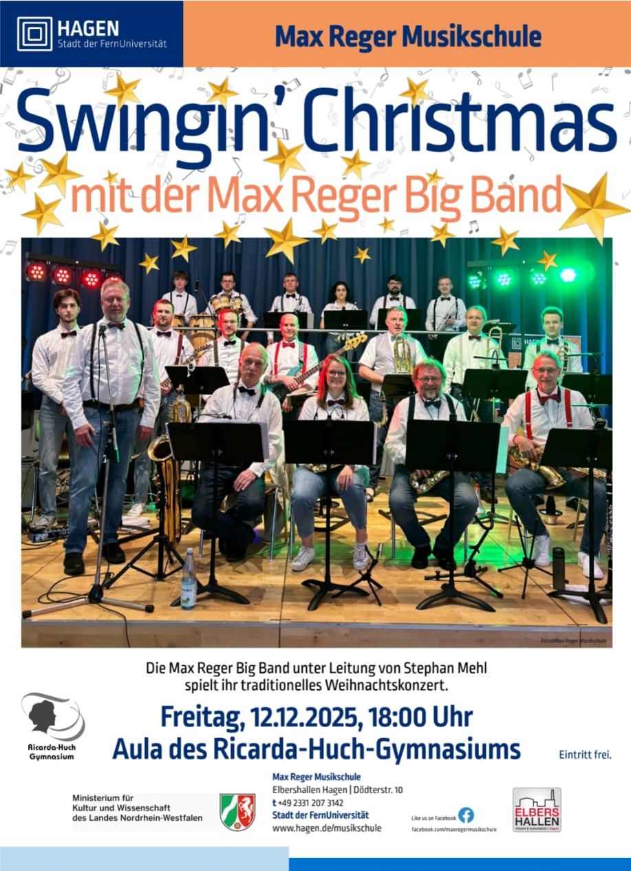Swingin' Christmas mit der Max Reger Big Band. Die Max Reger Big Band und Schüler*innen des Ricarda-Huch-Gymnasiums unter Leitung von Stefan Mehl spielen ihr traditionelles Weihnachtskonzert. Am Freitag, 12.12.2025, um 18.00 Uhr in der Aula des RHG in der Voswinckelstr. 1 in Hagen. Der Eintritt ist frei.